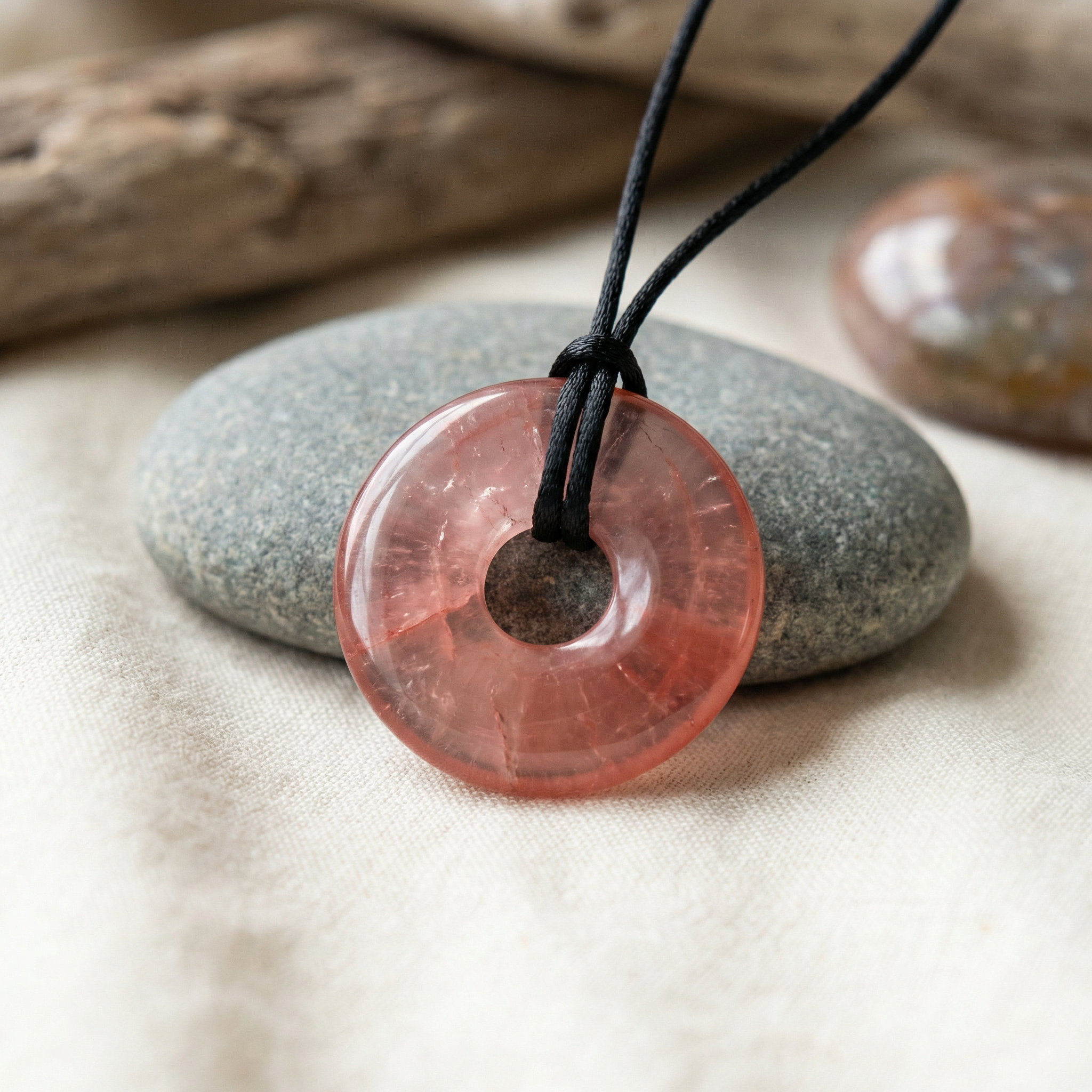 Cherry stone pendant on a black cord with pebbles in the background