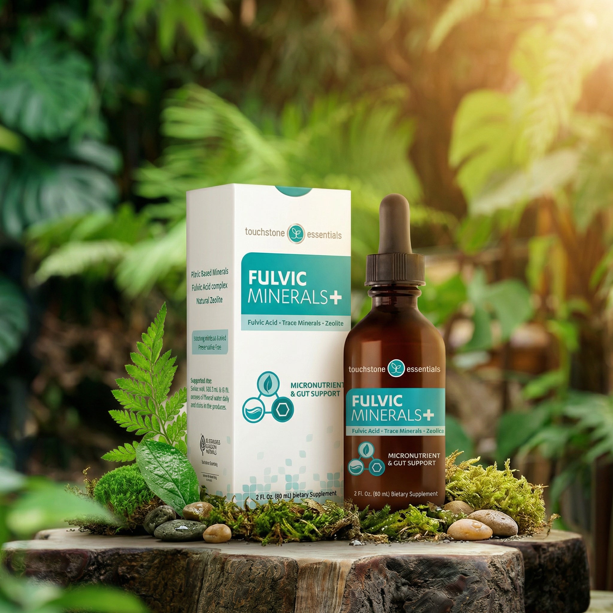Fulvic Minerals supplement bottle and packaging on a natural background with greenery.