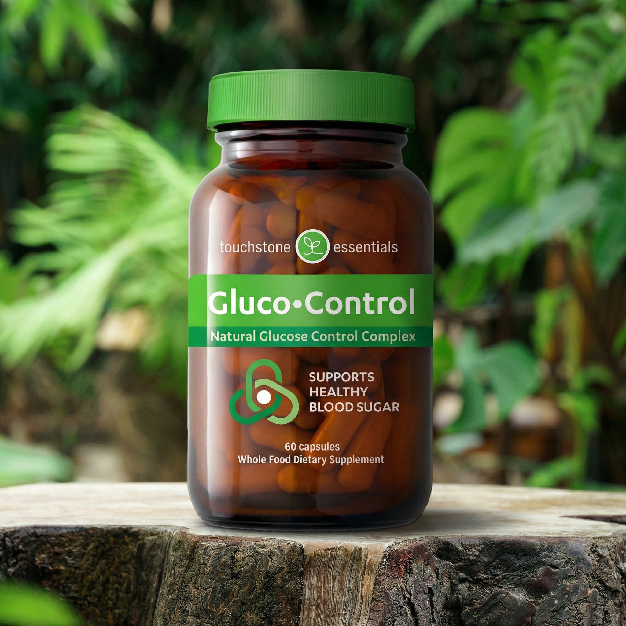 Supplement bottle labeled 'Gluco-Control' on a wooden surface with a green blurred background