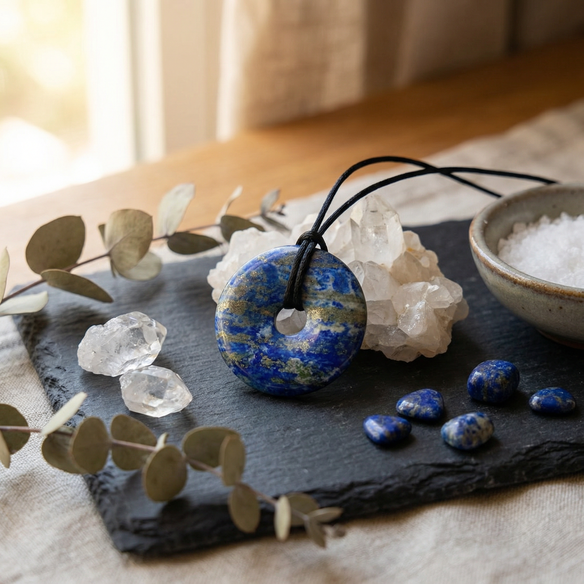 Blue stone pendant on a black slate with crystals and eucalyptus leaves
