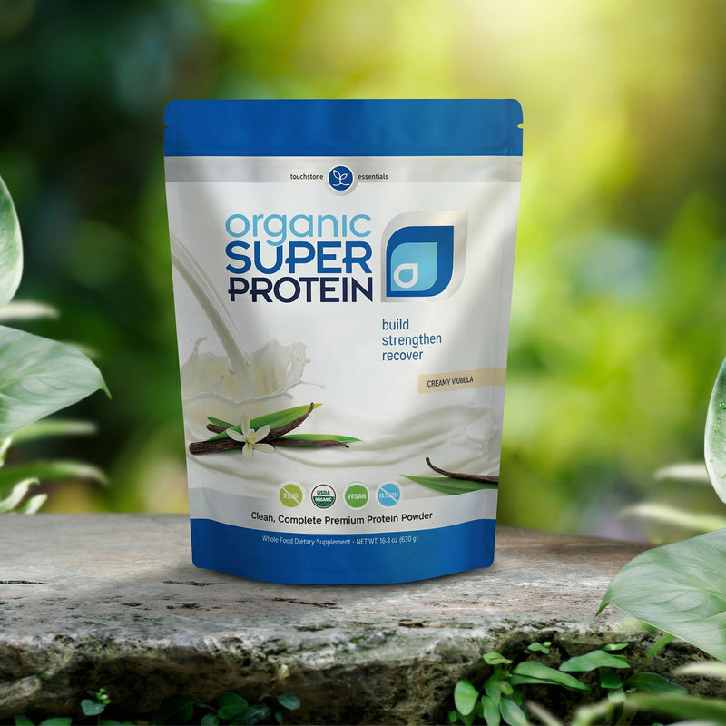 Bag of organic super protein powder on a wooden surface with a natural background