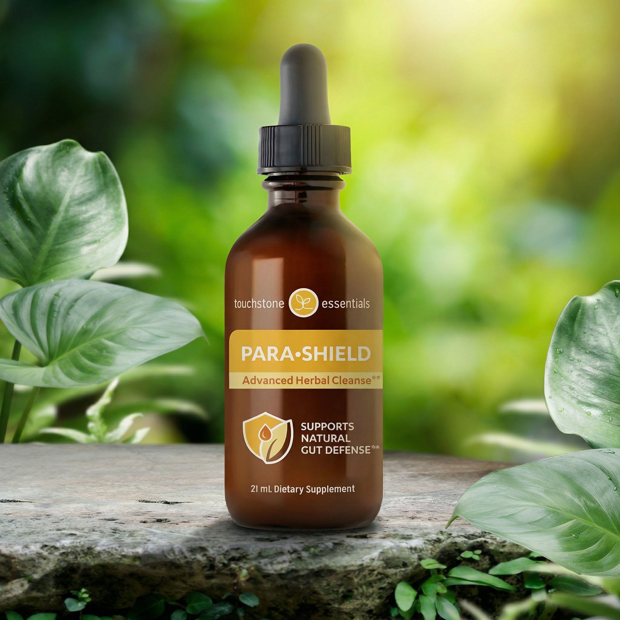 Bottle of Para-Shield supplement with a natural green background