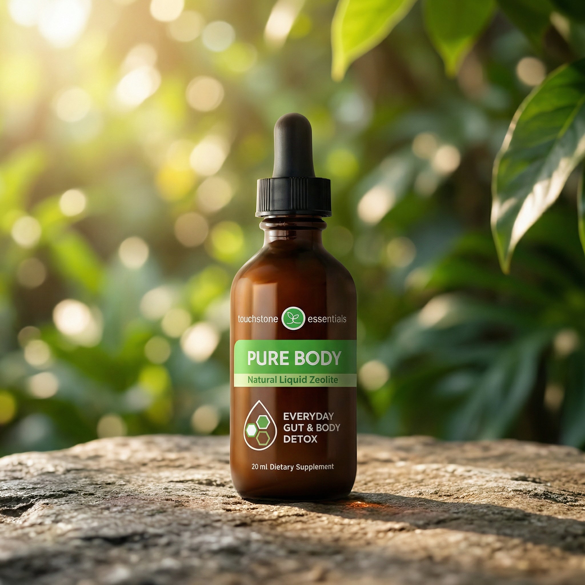 Bottle of 'Pure Body' supplement on a rock with a natural background