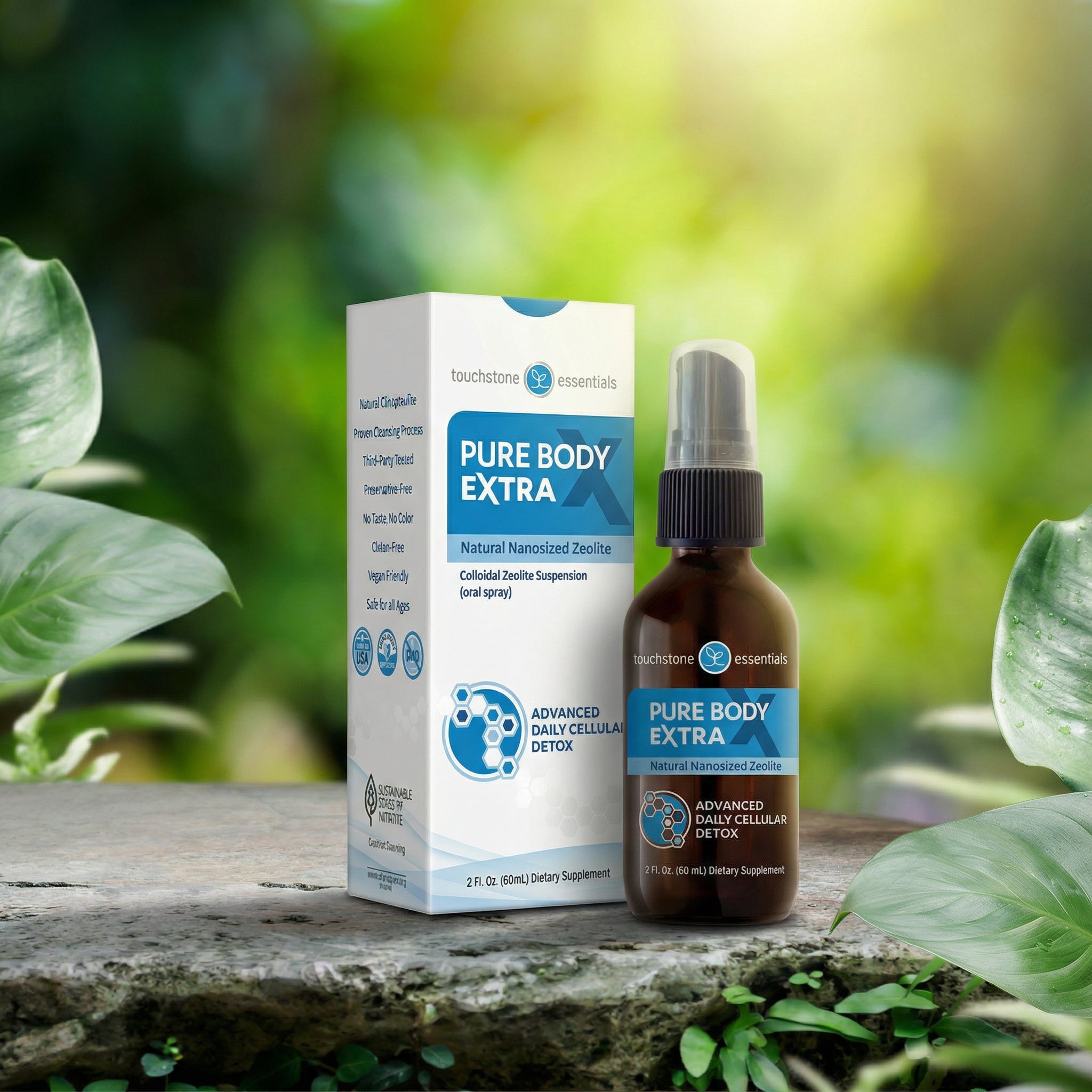 Pure Body Extra supplement bottle and packaging on a wooden surface with a natural background
