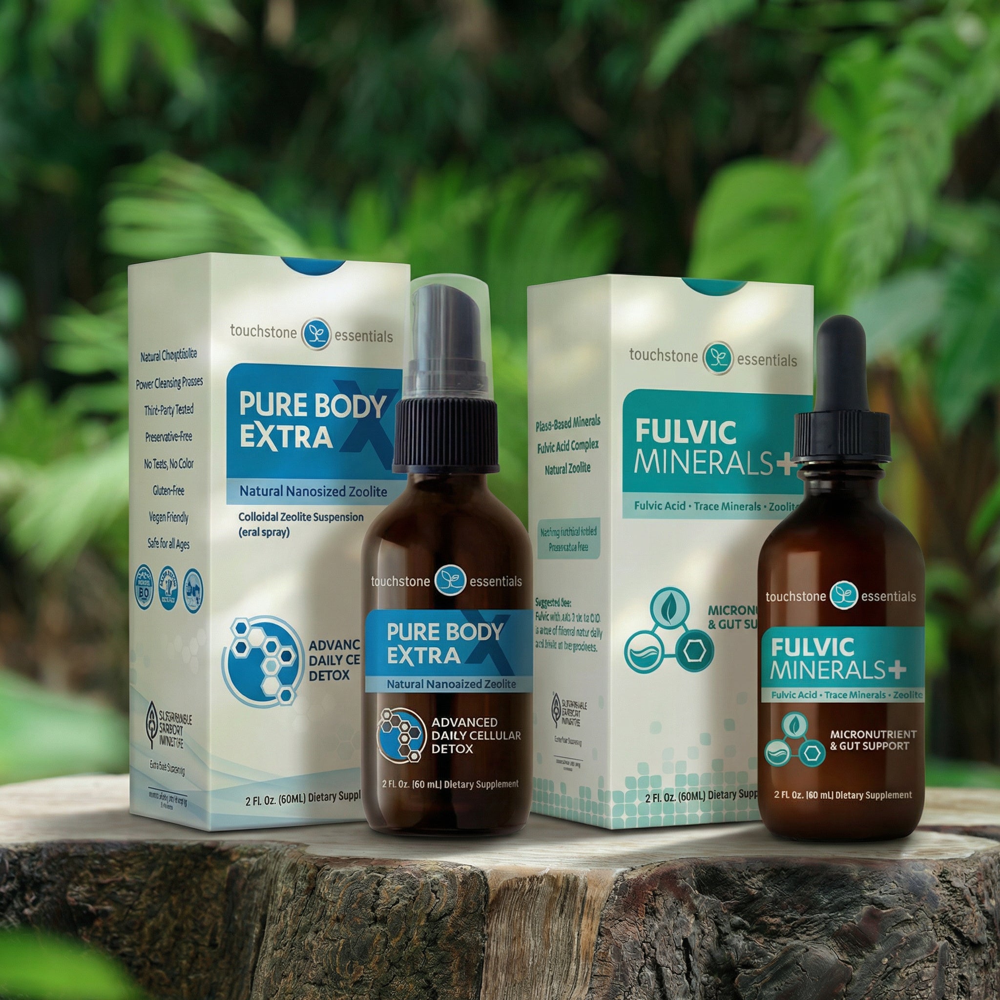Touchstone Essentials Pure Body Extra and Fulvic Minerals+ products on a wooden surface with a natural background.