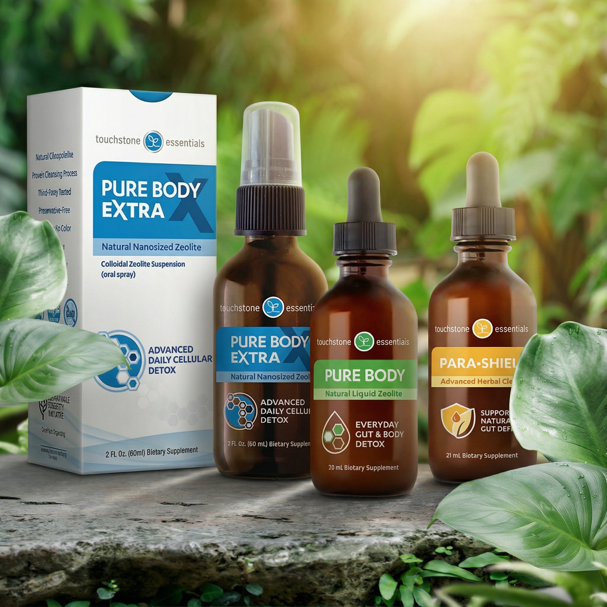 Touchstone Pure Body Extra and Para-Shield products on a natural background with greenery.