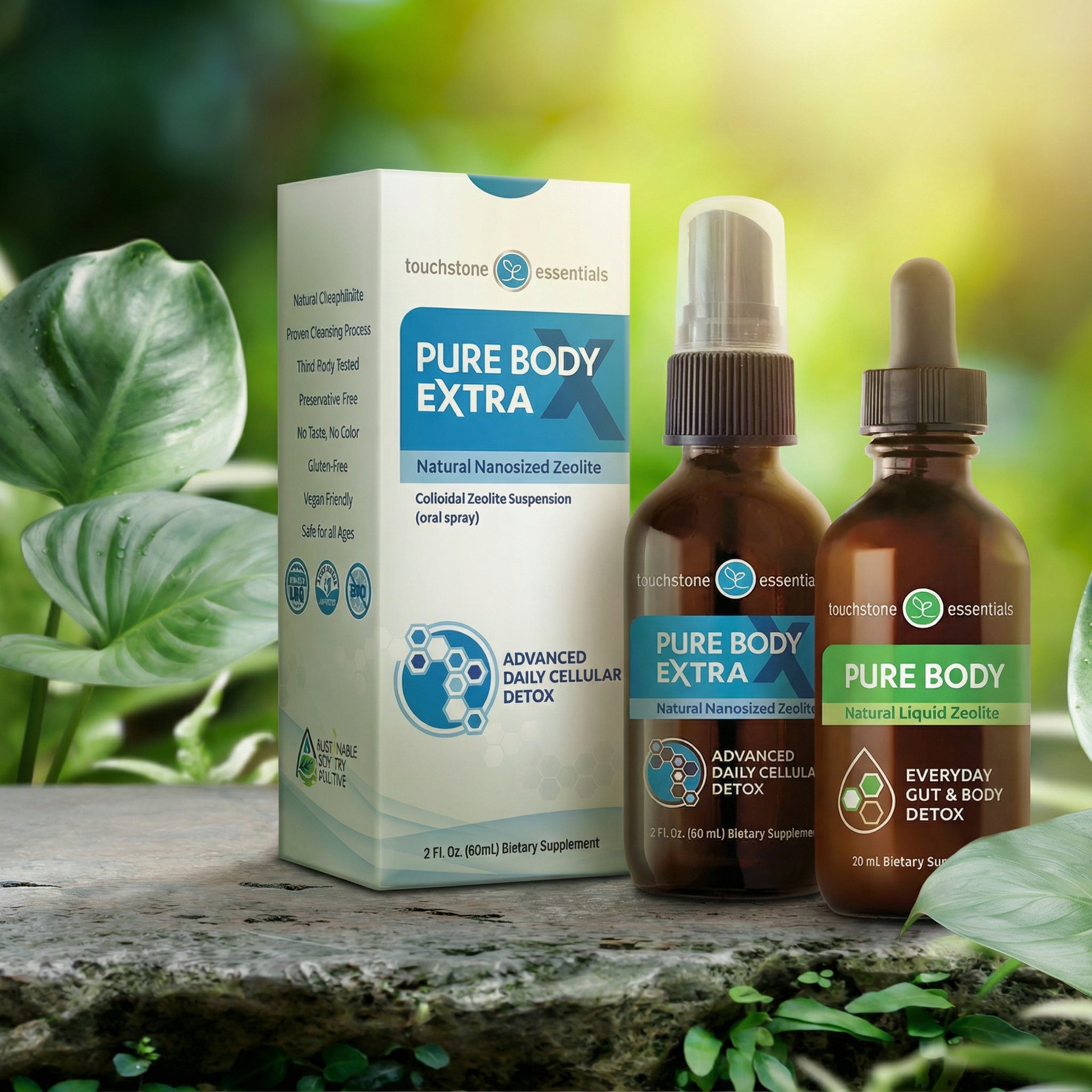 Touchstone Pure Body Extra supplement bottles and packaging on a natural background with greenery.