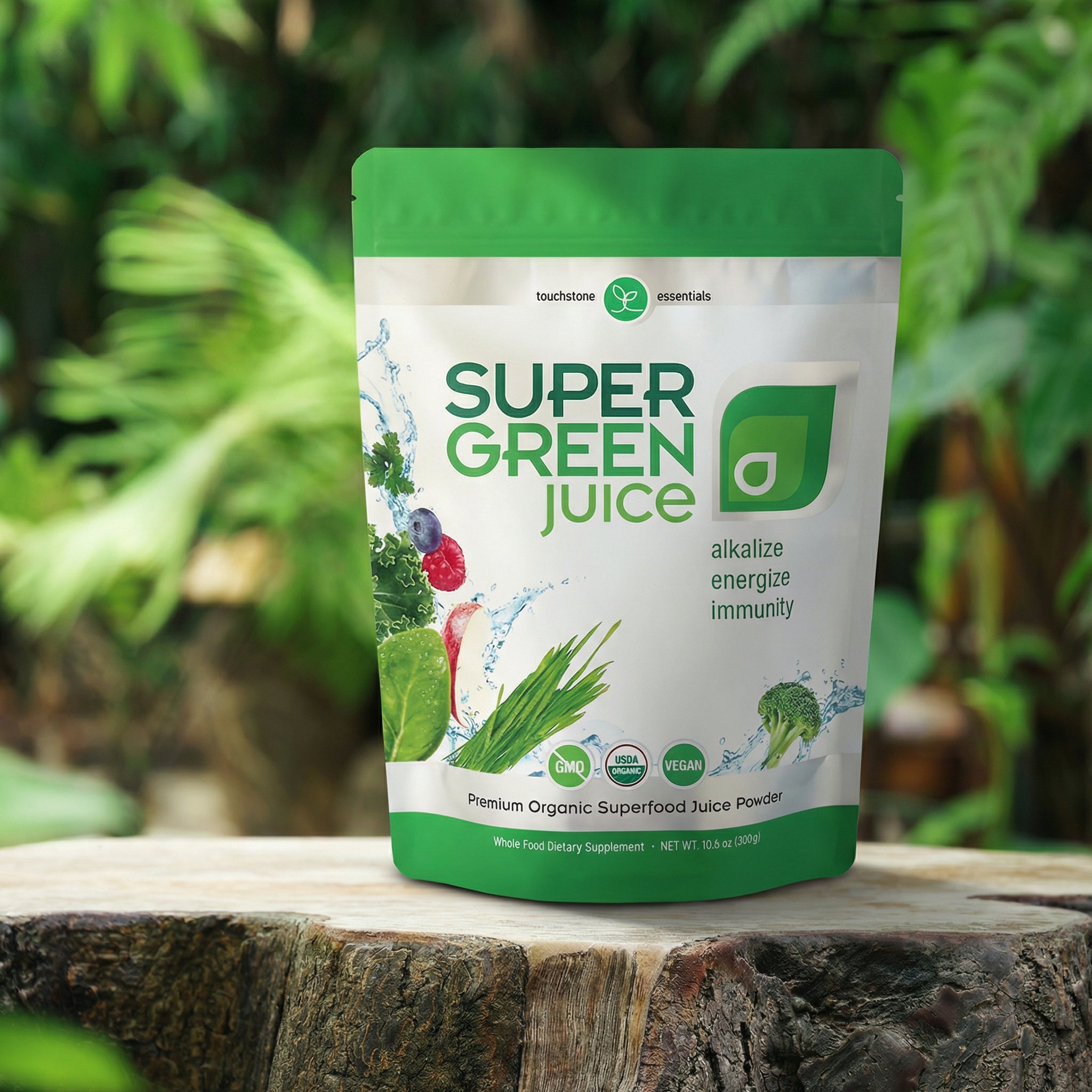 Super Green Juice package on a wooden surface with a green leafy background