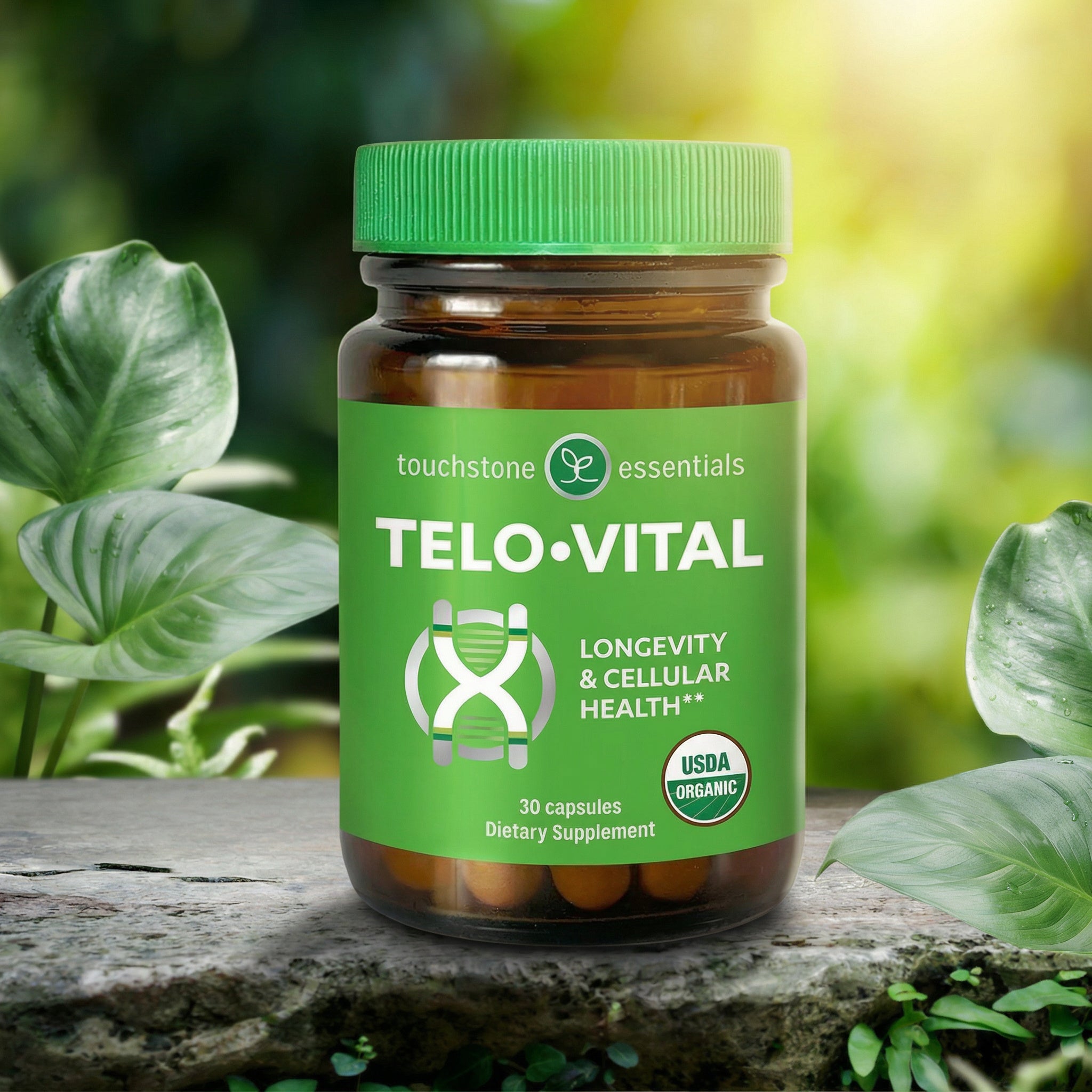 Supplement bottle labeled 'Telo-Vital' with green lid and label, surrounded by leaves.