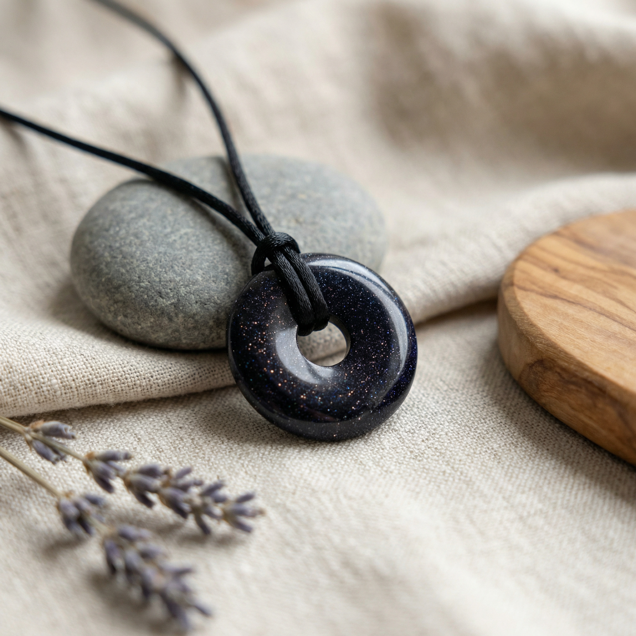 Black stone pendant necklace on a beige fabric background with stones and lavender.