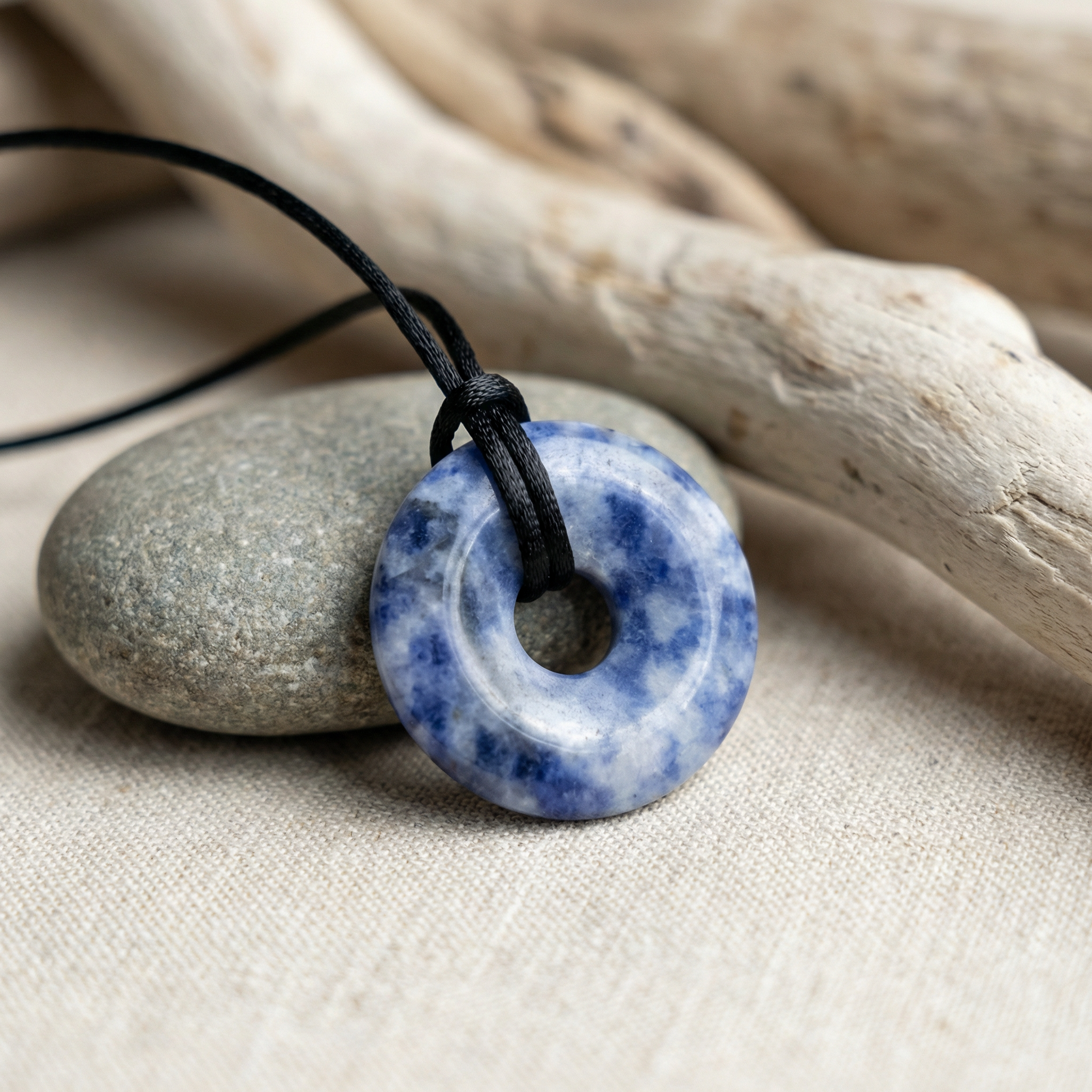 Blue donut-shaped pendant on a black cord, placed on stones and fabric