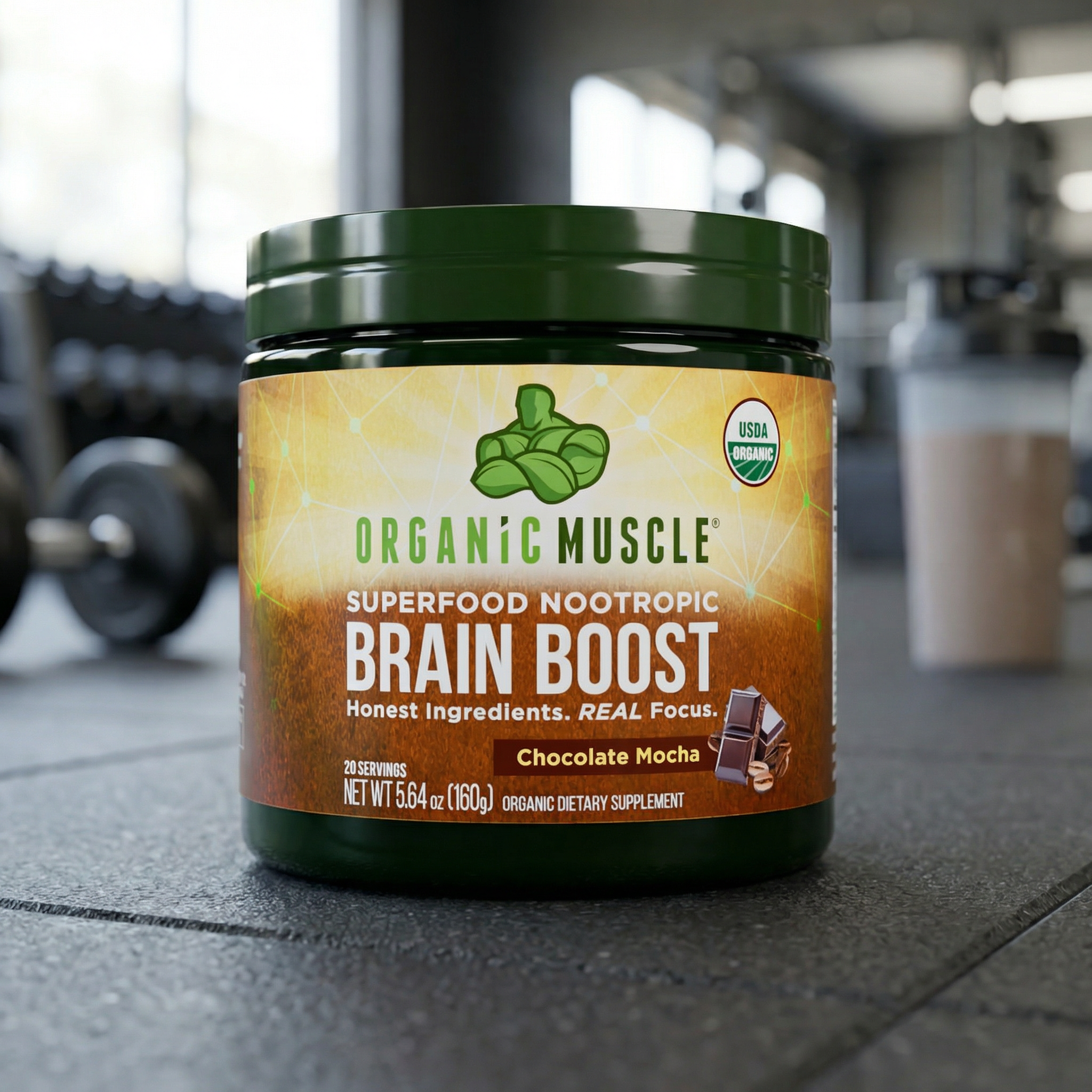 Container of Organic Muscle Brain Boost supplement in a gym setting