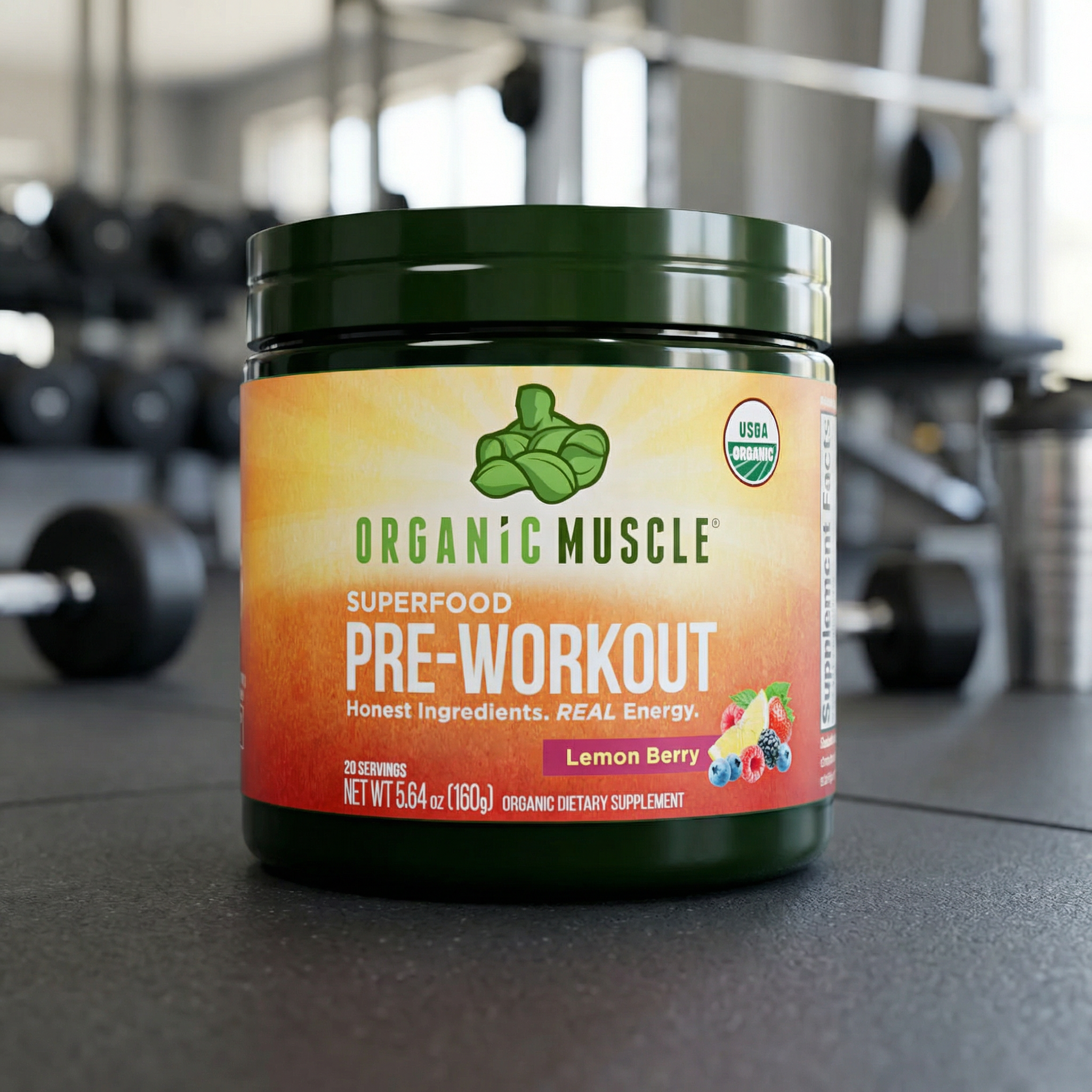 Container of Organic Muscle pre-workout supplement in a gym setting