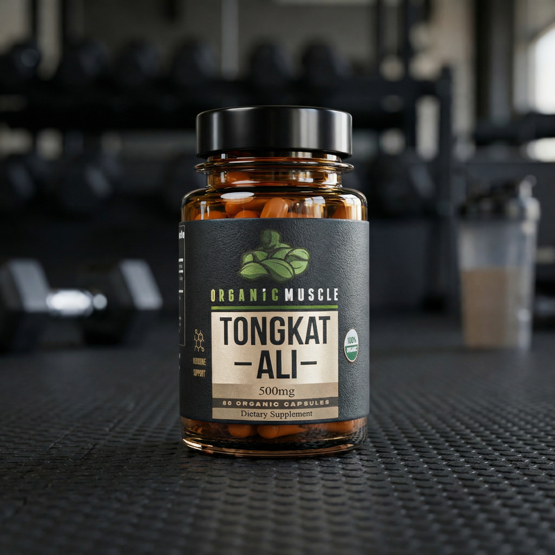 Supplement bottle labeled 'Tongkat Ali' on a gym bench with blurred gym equipment in the background